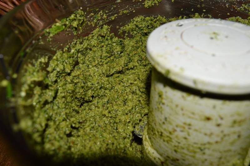 dandelion pesto in the food processor