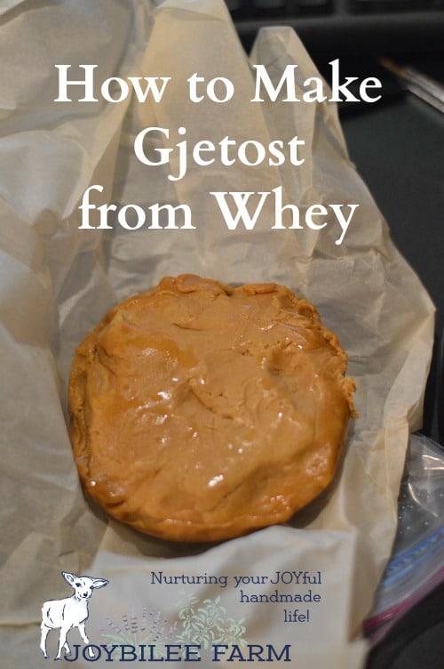 Gjetost is made by slowly simmering whey in a pot until the liquid is reduced to one fourth its volume and has taken on a light caramel colour. At this point cream is added to the whey and it is cooked more quickly, stirring constantly to prevent large lactose crystals from forming in the cheese. The cheese will continue to caramelise turning from golden brown to darker brown. It will begin to solidify in the bottom of the pan. At this point the cheese is removed from the heat and beaten with a spoon, in the same way that fudge is beaten. Then it is poured into buttered molds to cool.