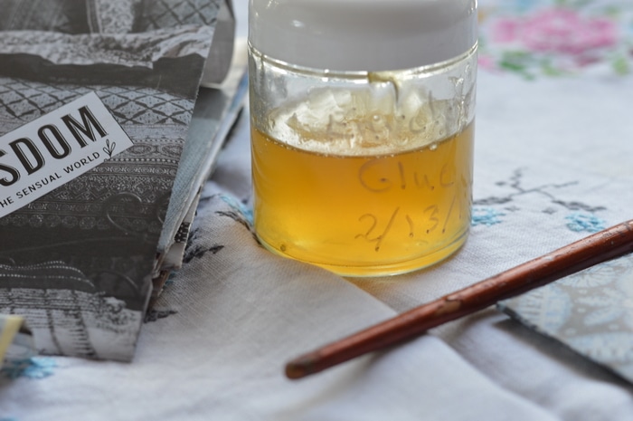 This is magical glue that dries on the envelope but can be licked just like regular envelope glue to seal the envelope. It is kosher and doesn’t have a nasty taste. The essential oils are antimicrobial and help preserve it. Plus they make it taste good, too.