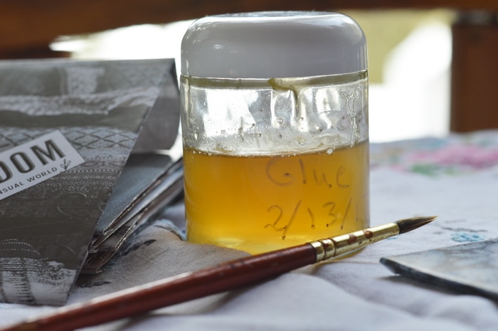 This is magical glue that dries on the envelope but can be licked just like regular envelope glue to seal the envelope. It is kosher and doesn’t have a nasty taste. The essential oils are antimicrobial and help preserve it. Plus they make it taste good, too.