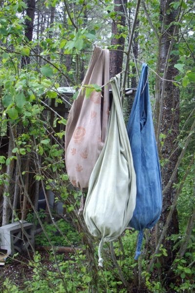 Recycled t shirt bags dyed with homemade dye