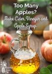 A bottle of apple vinegar and apples on a table