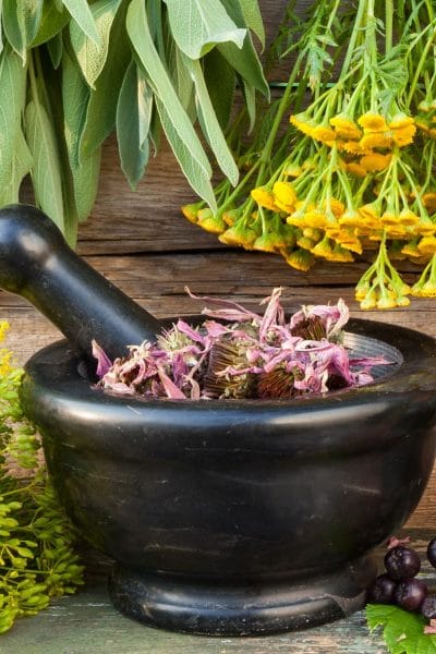 Herbs hanging to dry behind a mortar and pestle