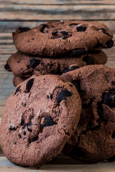 Double chocolate chip cookies and a glass of milk