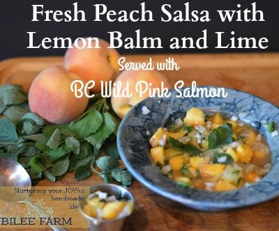 Pink salmon is perfect served with this fresh peach salsa. The juicy fruit and sour-sweet-salty-spicy taste is a perfect complement to the poached fish. Pink salmon has a milder flavour than sockeye or coho salmon, and wears fresh fruit sauces well. How lucky that in BC local peaches and BC wild salmon are in season at the same time!