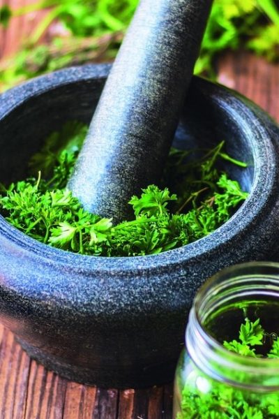 fresh herbs in a mortar and glass jar