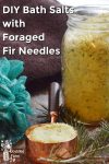 Mason jar full of homemade fir needle bath salts and a body puff