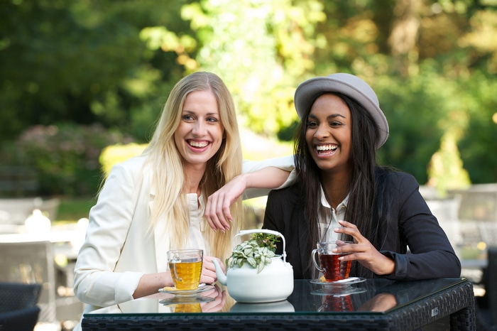 Two women drinking tea.