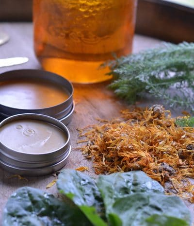 Homemade salves sitting by fresh medicinal herbs