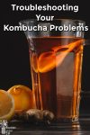 kombucha in a glass pitcher by fresh lemons and ginger